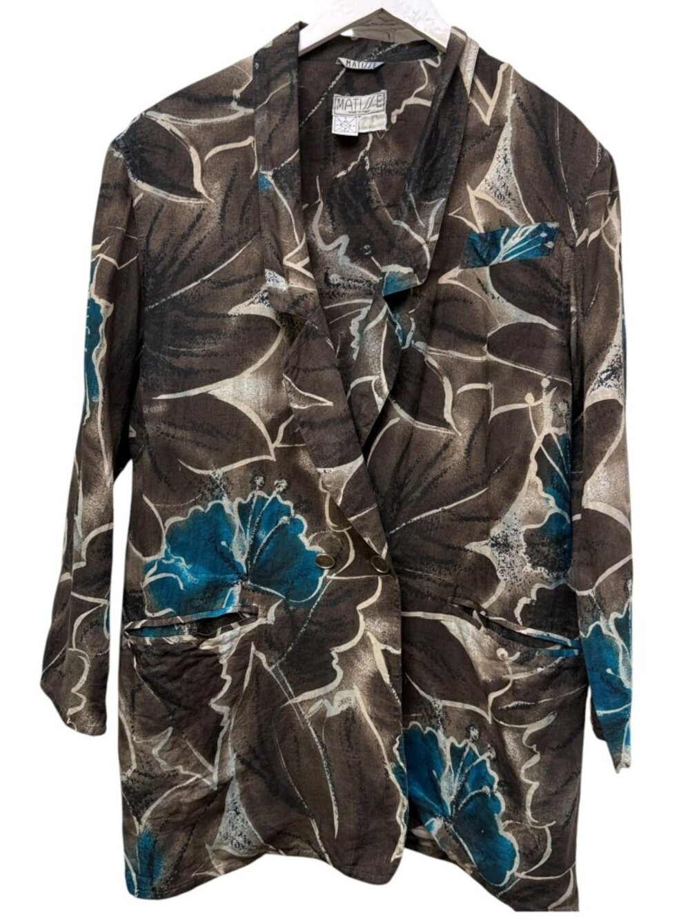 MATISSE Italy Linen Blend Blazer Size 8 Brown Tropical Leaf Vintage Jacket